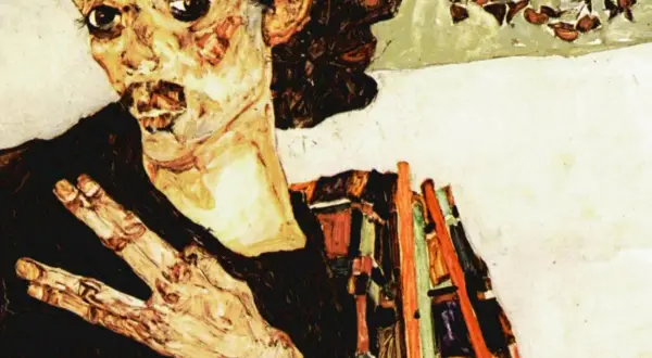 Ekspresyjny portret z cyklu "Egon Schiele dzieła". Postać z wykrzywioną twarzą i dłonią w geście.