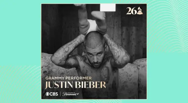 Justin Bieber, tatuado y con su bebé sobre la cabeza, anuncia su participación como artista en los Grammy 2026.