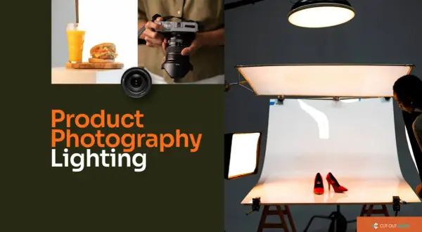 Setting up lighting for product photography at home. A burger and drink are lit on the left, while red heels are illuminated on the right.