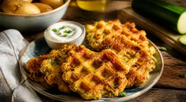 Herzhafte Zucchini-Waffeln mit Dip auf einem Teller, daneben Kartoffeln und Zucchini.