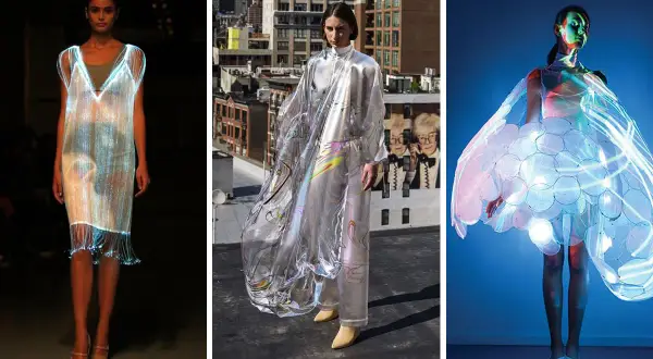 Leuchtende Stoffe und futuristische Schnitte: Drei Modelle präsentieren innovative Kleidung in der Zukunft, die mit Lichteffekten spielt.