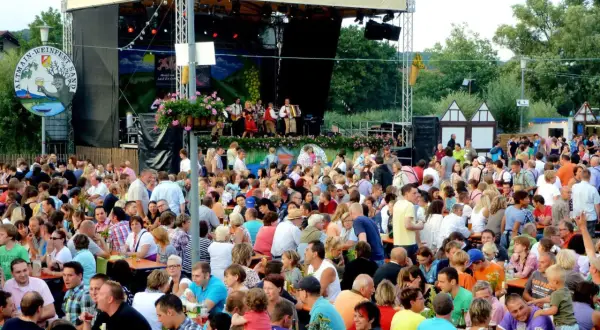 Menschen feiern beim Weinfest Sand am Main. Eine Band spielt auf der Bühne, während Gäste an Tischen sitzen und die Atmosphäre genießen.