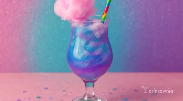 Magiczny alkohol z brokatem, ozdobiony watą cukrową i tęczową słomką, wygląda jak napój z bajki.