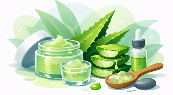 Erfrischendes aloe vera gel gesicht Pflege mit frischen Aloe-Blättern, Creme und Serum.