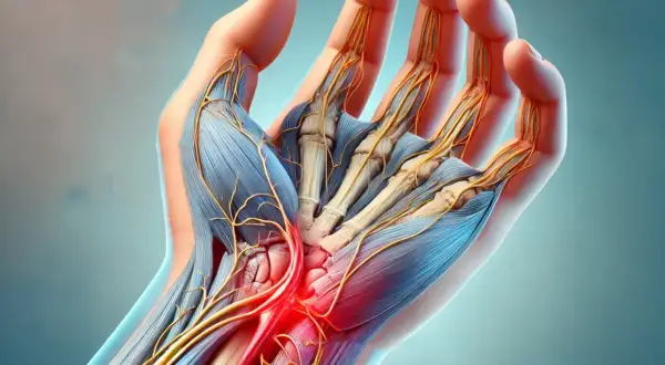 Dettaglio anatomico della mano che illustra la neuropatia da compressione, con nervi e muscoli evidenziati in rosso nell'area interessata.
