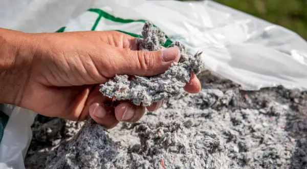 Dłoń trzyma grudkę celulozy, materiału używanego do ocieplenia domu.
