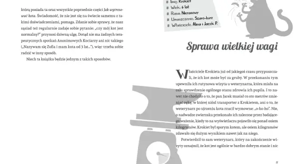 Szary kot na wadze, obok notatka z informacjami o kocie.