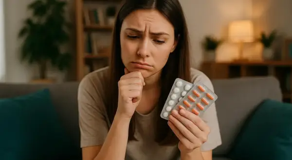 Zmartwiona kobieta trzyma dwa opakowania tabletek, zastanawiając się, czy paracetamol jest przeciwzapalny.