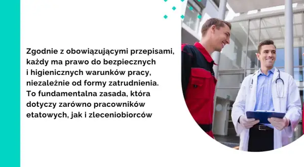 Lekarz i pracownik w kombinezonie rozmawiają. Tekst podkreśla, że umowa zlecenie a BHP to temat ważny dla każdego pracownika.