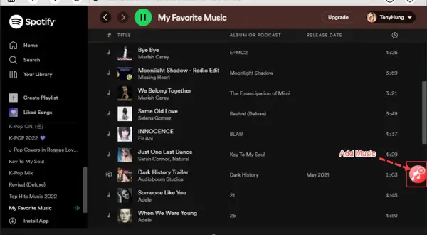 Spotify: lista utworów "My Favorite Music" z zaznaczonym przyciskiem dodawania muzyki.