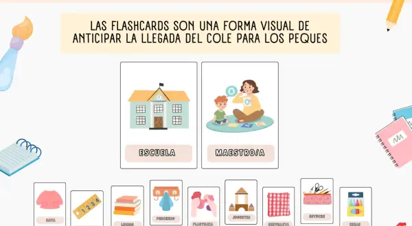 Fichas para niños con dibujos de escuela, maestro, bata, regla, libros, plastilina y más, ideales para preparar la vuelta al cole.