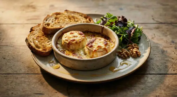 Deux crottins de Chavignol au four, gratinés et fondants, servis avec toasts grillés, salade verte et noix. Une recette simple et gourmande.