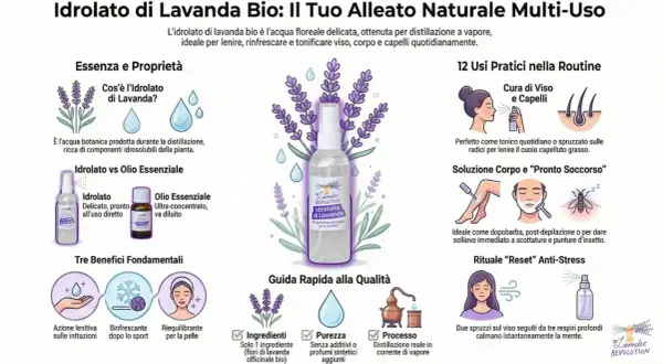 L'idrolato di lavanda bio è un'acqua floreale delicata, ottenuta per distillazione a vapore, ideale per lenire e rinfrescare viso, corpo e capelli.