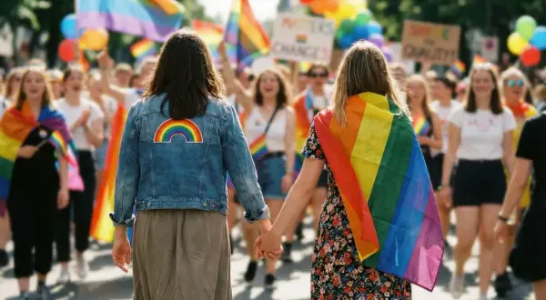 Dwie kobiety trzymają się za ręce na marszu równości, otoczone tęczowymi flagami. Ich związki partnerskie są symbolem dumy i akceptacji.