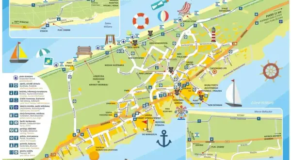 Mapa Krynicy Morskiej z zaznaczonymi atrakcjami, plażami, ścieżkami rowerowymi i drogami. Widać tu m.in. porty, latarnię morską i plac zabaw.