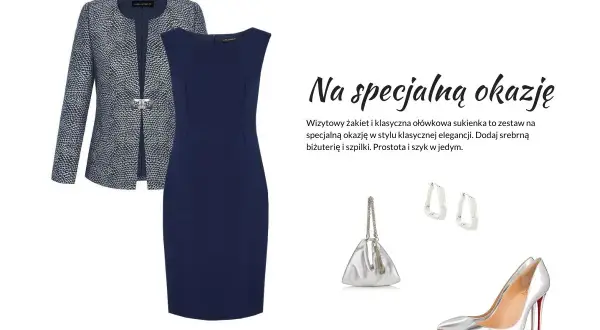 Elegancki żakiet i granatowa sukienka ołówkowa, idealne na specjalną okazję. Srebrne dodatki dopełnią stylizację.