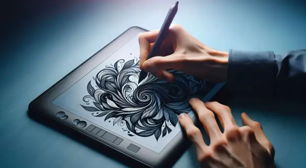 Hands drawing intricate floral patterns on a tablet, showcasing the versatility of illustrator templates for digital art creation.
