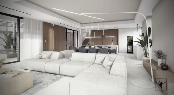 Nowoczesny salon z jadalnią, jasne meble, drewniane akcenty, designerskie oświetlenie.