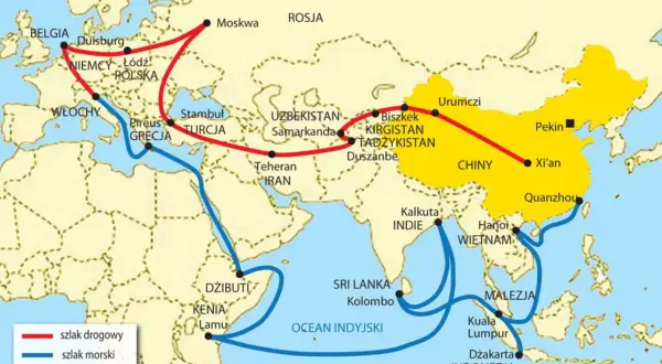 Mapa przedstawia historyczny jedwabny szlak, łączący Chiny z Europą drogami lądowymi i morskimi, przebiegający przez Azję Środkową, Bliski Wschód i Afrykę.