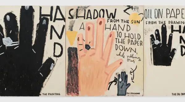 Rose Wylie's triptych features bold, childlike paintings of hands, text, and abstract shapes, exploring themes of art and perception.