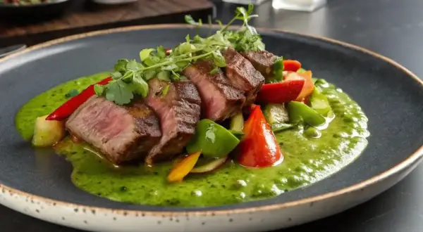 Un plat de onglet de veau tranché, servi avec des légumes colorés et une sauce verte vibrante sur une assiette sombre.