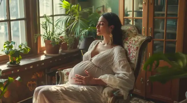 Kobieta w ciąży siedzi w fotelu, relaksując się. To idealny moment, by dowiedzieć się, jak przygotować się do pierwszego badania prenatalnego.