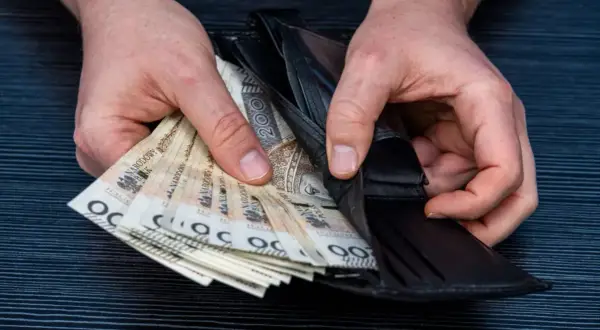 Dłonie trzymają portfel z polskimi banknotami. Czy wdowa może przejąć emeryturę po mężu? Pieniądze w portfelu.