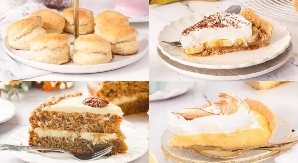 Un surtido de deliciosos postres ingleses: scones, tarta de plátano, tarta de zanahoria y tarta de limón con merengue.