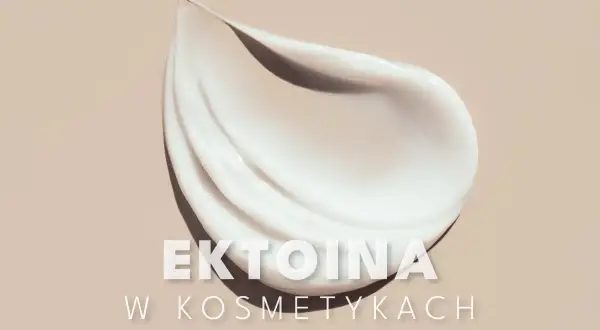 Gładka, biała emulsja na beżowym tle. Tekst: "EKTOINA W KOSMETYKACH". Ektoina to składnik nawilżający i ochronny.
