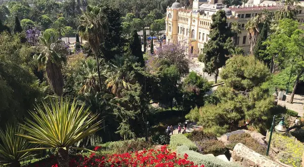 Vista panorámica de un jardín exuberante con flores rojas y palmeras, un edificio histórico y el mar al fondo en Málaga.
