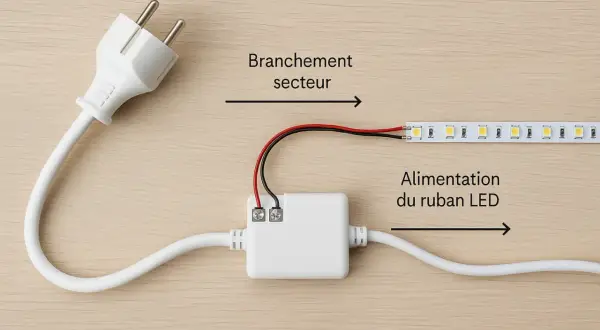 Schéma simple pour comment brancher des LED : prise secteur, boîtier d'alimentation et ruban LED.