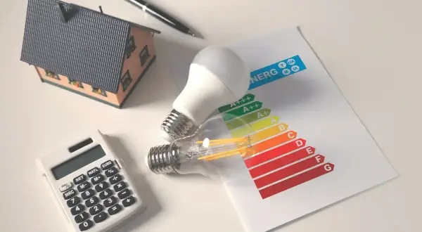 Casa, lampadine LED e classificazione energetica: tutto per il risparmio energetico. Calcolatrice e penna per pianificare.