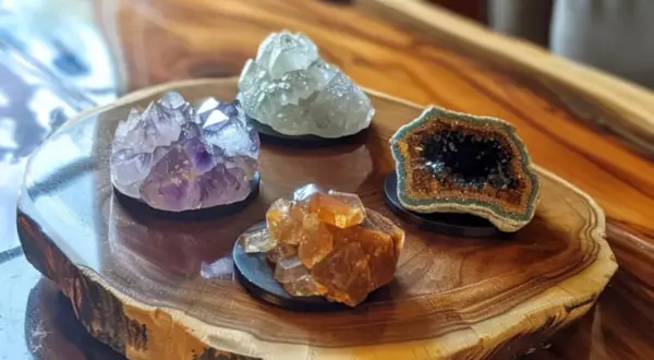 Ametyst, cytryn dla jakiego znaku zodiaku? Na drewnianej desce leżą cztery kryształy: fioletowy ametyst, żółty cytryn, zielony kwarc i geoda.