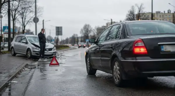 Wypadek drogowy. Mężczyzna rozmawia przez telefon obok uszkodzonego samochodu. Trójkąt ostrzegawczy na drodze. Sprawa dla ubezpieczyciela, regres ubezpieczeniowy.