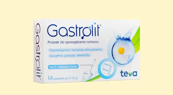 Opakowanie Gastrolit, proszek do sporządzania roztworu, zapobiega odwodnieniu, uzupełnia glukozę i elektrolity. 14 saszetek.