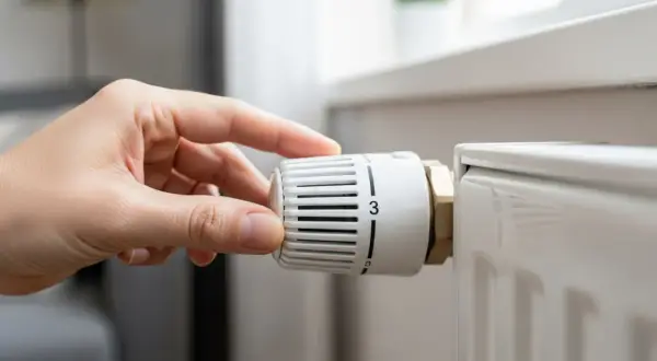 Mano che regola la manopola del termosifone. Scopri come funziona per ottimizzare il riscaldamento.