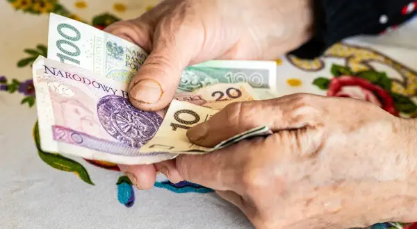 Dłonie starszej osoby liczą banknoty. To symboliczne przedstawienie przywilejów po 75 roku życia, które mogą obejmować wsparcie finansowe.