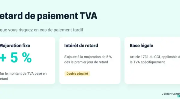 Retard déclaration TVA : majoration fixe de 5% et intérêt de retard dès le premier jour. Base légale : Article 1731 du CGI.