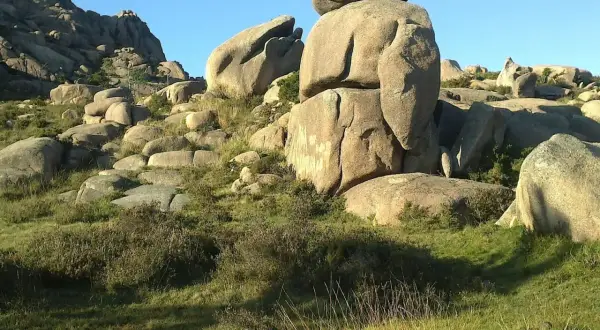 Un moa monte pindo, con rocas gigantes apiladas y vegetación verde bajo un cielo azul claro.