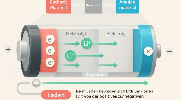 Schema zum Aufbau einer Batterie: Lithium-Ionen (Li+) bewegen sich beim Laden durch den Elektrolyten von der positiven zur negativen Elektrode.