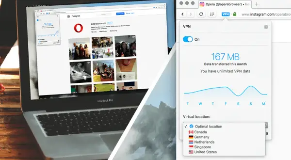 Laptop z przeglądarką Opera, pokazującą Instagram i włączony VPN. Możliwość wyboru lokalizacji wirtualnej.