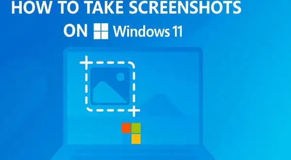 Jak zrobic screena Windows 11? Ilustracja pokazuje laptop z zaznaczonym obszarem do zrzutu ekranu i logo Windows.