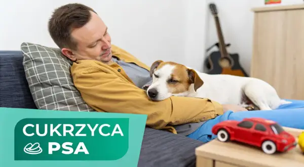 Mężczyzna odpoczywa z psem na kanapie. Na pierwszym planie zielony napis "CUKRZYCA PSA", sugerujący temat obrazu.