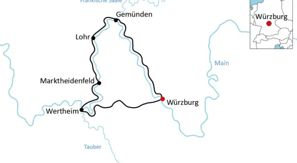 Karte einer Radtour am Main von Würzburg über Gemünden, Lohr, Marktbreit und Wertheim.