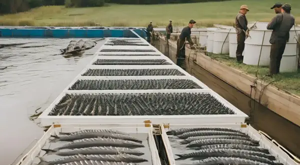 Des esturgeons dans un bassin d'élevage, alignés dans des bacs blancs. Des hommes travaillent à proximité, gérant cette ferme aquacole.