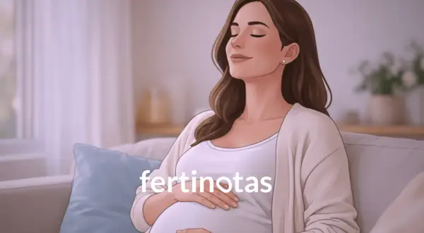 Mujer embarazada relajada en un sofá, con las manos sobre su vientre. Información sobre como ponerte de parto.