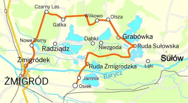 Mapa tras rowerowych w Dolinie Baryczy. Pomarańczowa linia łączy miejscowości: Czarny Las, Gatka, Wilkowo, Olsza, Grabówka, Ruda Sułowska, Sułów, Ruda Żmigrodzka, Jamnik, Osiek, Żmigródek, Radziądz, Nowe Domy.