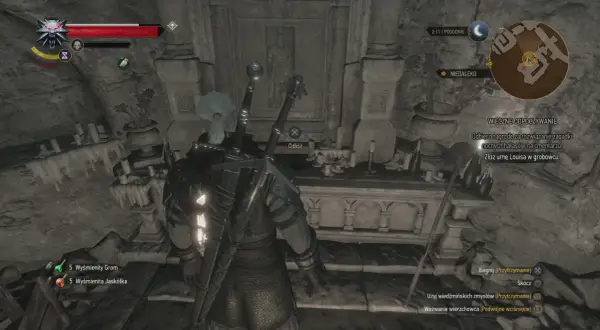 Geralt w grobowcu, szuka nagrody za rozwiązanie zagadki "wieczne odpoczywanie". W tle widać urnę i narzędzia.