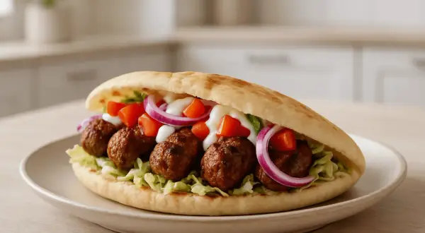Pyszny kebab w picie z soczystymi klopsikami, chrupiącą sałatą, pomidorami i czerwoną cebulą, polany sosem.