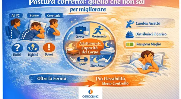 Illustrazione mostra posizioni da evitare per la cervicale: al PC, durante il sonno e in piedi. Suggerimenti per migliorare la postura.